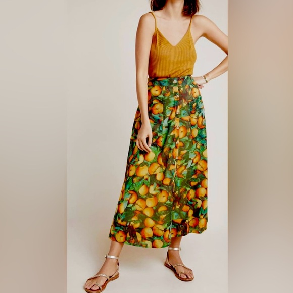 Anthropologie Dresses & Skirts - Anthropologie Maeve Midi Skirt Graphic Orchard Print Orange/Green color Size 4